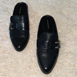 Tahari Womens Leather Slip On Buckle Almond Toe Lynn Heeled Mule Black Size 8M